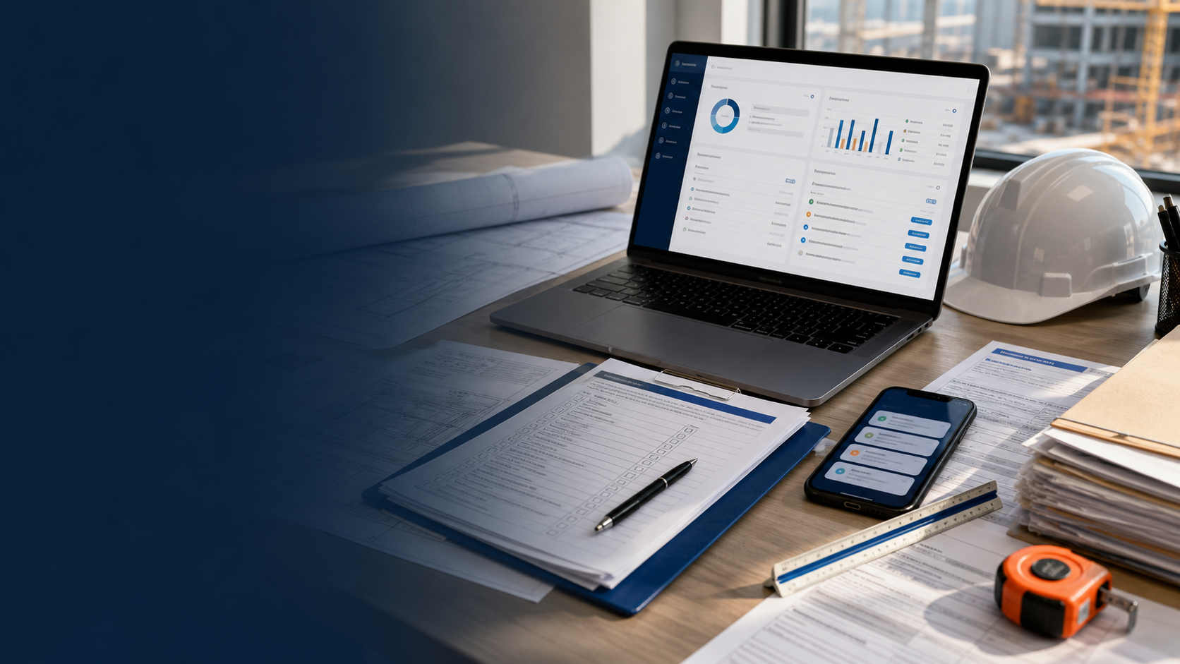 Permit operations desk with permit documents and a modern dashboard